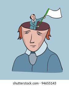 El problema social de la libertad humana. Concepto creativo, hombre con bandera de rendición