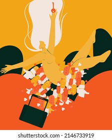 Social problem poster design of people's dependence on phones and social networks. Silhouette of a falling person being pulled by a phone in the form of a padlock and chain from social messages