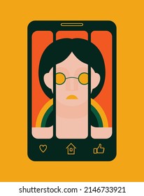 Social problem poster design of people's dependence on phones and social networks. Silhouette of a man, on the phone screen, in the form of a prison