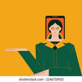 Social problem poster design of people's dependence on phones and social networks. the contour of a girl who works remotely and is constantly online. contemporary needs of human life