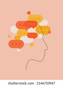 Social problem poster design of people's dependence on phones and social networks. contour of a person with thoughts about messages, likes, subscriptions in social networks. contemporary needs of life
