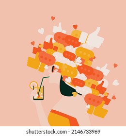 Social problem poster design of people's dependence on phones and social networks. contour of a person with thoughts about messages, likes, subscriptions in social networks. contemporary needs of life