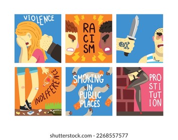 Social Problem Poster with Harmful Indifference and Immorality Vector Set
