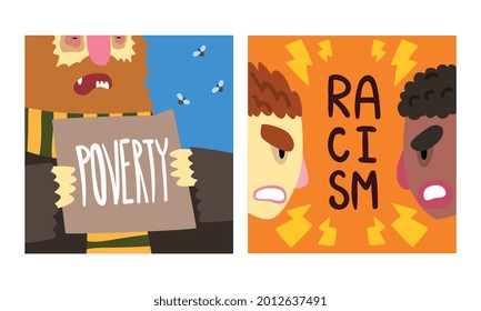 Afiche de problemas sociales con conjunto de vectores de pobreza y racismo