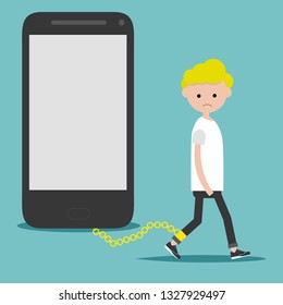 Social problem smartphone addiction.Nomophobia.Young character on the chain on the phone.Flat cartoon illustration with space for your text.clip art