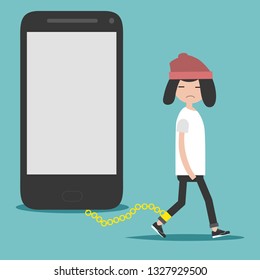 Social problem smartphone addiction.Nomophobia.Young character on the chain on the phone.Flat cartoon illustration with space for your text.clip art
