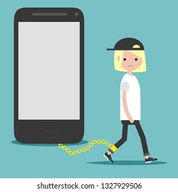 Social problem smartphone addiction.Nomophobia.Young character on the chain on the phone.Flat cartoon illustration with space for your text.clip art
