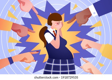 Social problem of teenage pregnancy - vector illustration. Pregnant teen girl cry, people point by fingers and shame her. Adolescent early pregnancy. Unwanted pregnancy schoolgirl or student