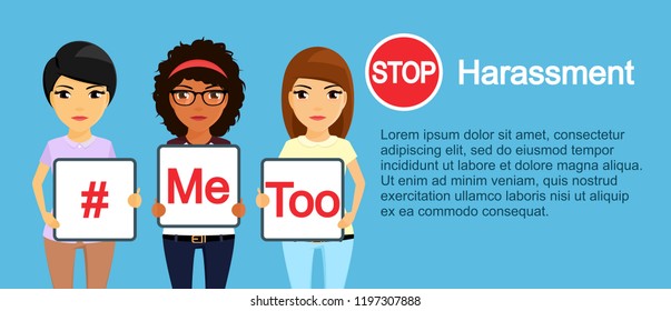 Social problem. Young girls of different ethnic groups. Girls with posters against sexual harassment. Me Too. European, African, Asian. In flat style on blue background. Cartoon.