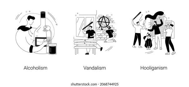 Social problems abstract concept vector illustration set. Alcoholism drinking problem, vandalism and hooliganism, football fans, mass riots, violence and looting, walls graffiti abstract metaphor.