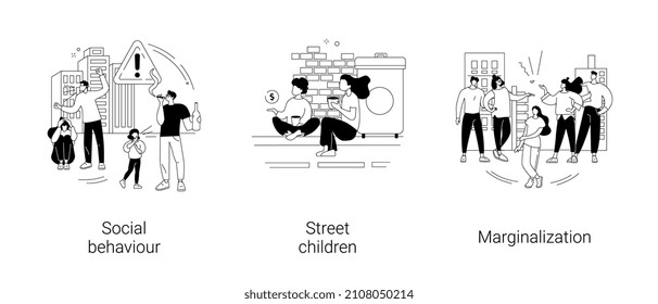 Social Problems Abstract Concept Vector Illustration Set. Social Behaviour, Street Children, Marginalization, Youth Abuse, Gang Fighting, Domestic Violence, School Bullying, Outcast Abstract Metaphor.