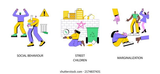 Social Problems Abstract Concept Vector Illustration Set. Social Behaviour, Street Children, Marginalization, Youth Abuse, Gang Fighting, Domestic Violence, School Bullying, Outcast Abstract Metaphor.