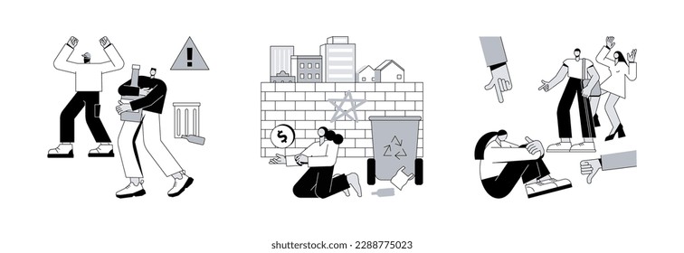 Social problems abstract concept vector illustration set. Social behaviour, street children, marginalization, youth abuse, gang fighting, domestic violence, school bullying, outcast abstract metaphor.