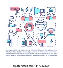 Social problems article page vector template. Drug abuse, unemployment issues. Brochure, magazine, booklet design element with linear icons. Print design. Concept illustrations with text space
