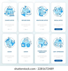 Social problems blue onboarding mobile app screen set. Justice issues walkthrough 4 steps editable graphic instructions with linear concepts. UI, UX, GUI template. Myriad Pro-Bold, Regular fonts used