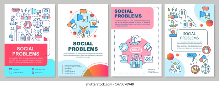 Social problems brochure template layout. Antisocial behavior, conflicts. Flyer, booklet, leaflet print design with linear illustrations. Vector page layouts for magazines, reports, advertising poster