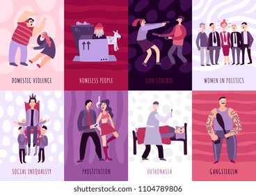 Social problems cards set illustrating gun control domestic violence homeless people euthanasia prostitution flat vector illustration
