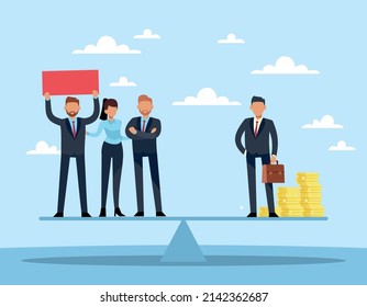 Social problems, class inequality. Businessman with money on one side of scale, poor people on other, different incomes, millionaire and unemployed. Economic crisis vector cartoon flat concept