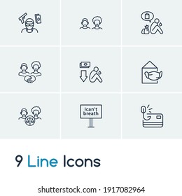 Social problems icon set and phishing with no racists, i cant breath and white with black person. Reduce cost related social problems icon vector for web UI logo design.