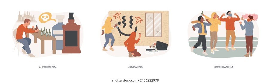 Social problems isolated concept vector illustration set. Alcoholism drinking problem, vandalism and hooliganism, football fans, mass riots, violence and looting, walls graffiti vector concept.