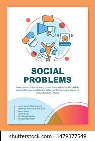 Social problems, issues poster template layout. Social disorganization. Antisocial behavior. Banner, booklet, leaflet print design with linear icons. Vector brochure page layouts, advertising flyers