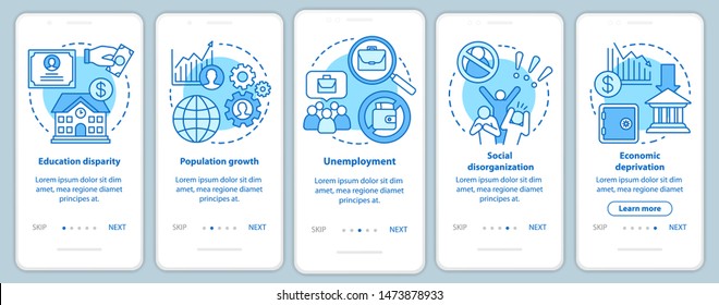 Social problems onboarding mobile app page screen with linear concepts. Unemployment, economic deprivation, population growth walkthrough graphic instructions. UX, UI, GUI vector template with icons