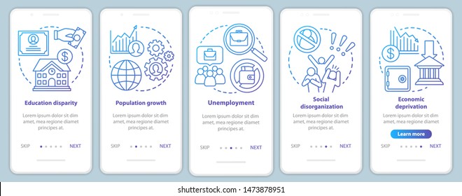 Social problems onboarding mobile app page screen with linear concepts. Unemployment, economic deprivation, population growth walkthrough graphic instructions. UX, UI, GUI vector template with icons
