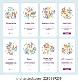 Social problems onboarding mobile app screen set. Justice issues walkthrough 4 steps editable graphic instructions with linear concepts. UI, UX, GUI template. Myriad Pro-Bold, Regular fonts used