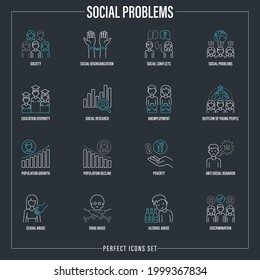 Social problems thin line icons set. Unpredictable future, social research, anti social behavior, education disparity, unemployment, outflow of young people, poverty, sexual abuse. Vector illustration