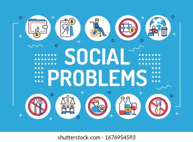 Social problems word lettering typography. Infographics with linear icons on blue background. Creative idea concept. Isolated outline color illustration