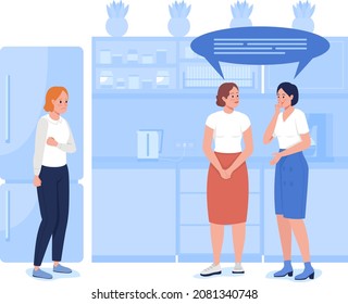 Social problems at workplace 2D vector isolated illustration. Harassment by colleagues. Gossiping coworkers flat characters on cartoon background. Challenges of corporate work colourful scene