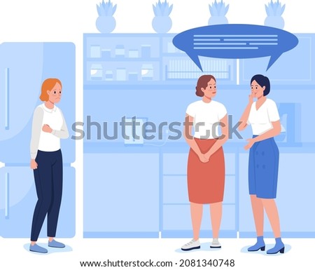 Social problems at workplace 2D vector isolated illustration. Harassment by colleagues. Gossiping coworkers flat characters on cartoon background. Challenges of corporate work colourful scene