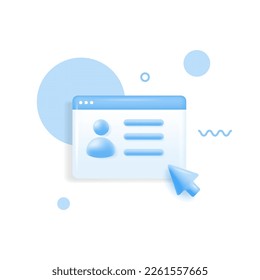 Social profile, CV Resume, Driver license, id card, plastic card, badge icon concept. 3d vector illustration with computer mouse cursor click
