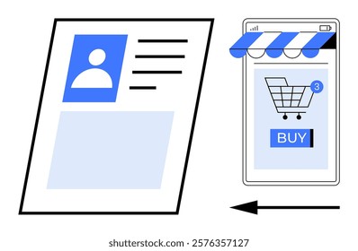 Social profile page on left and smartphone shopping cart interface with blue BUY button and storefront canopy on right. Arrow indicates integration. Ideal for e-commerce networking, social media