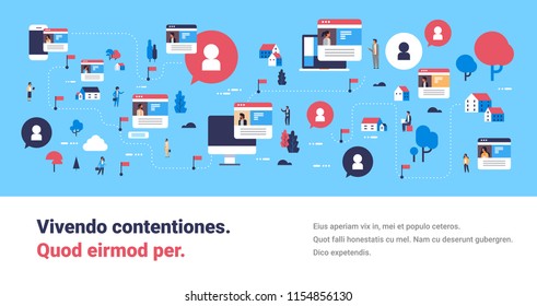 social profiling map online media isometric network interface design wan woman profile mobile computer application concept flat horizontal banner copy space vector illustration