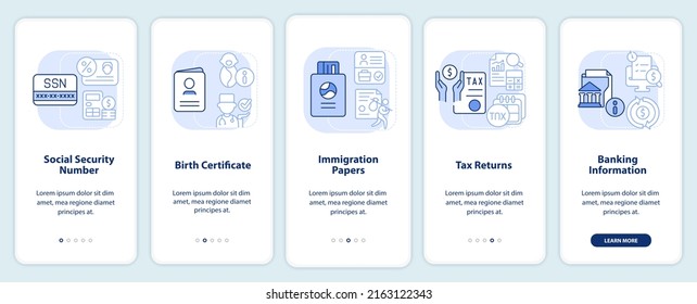 Social program application light blue onboarding mobile app screen. Walkthrough 5 steps graphic instructions pages with linear concepts. UI, UX, GUI template. Myriad Pro-Bold, Regular fonts used