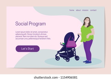 Social program concept. Pregnant woman with child in baby carriage. Landing page template.