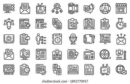 Social project icons set. Outline set of social project vector icons for web design isolated on white background