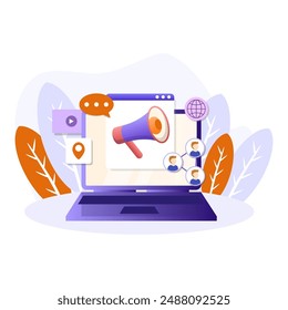Social promotion illustration. Loudspeaker, laptop, people, location, speech bubble. Editable vector graphic design.