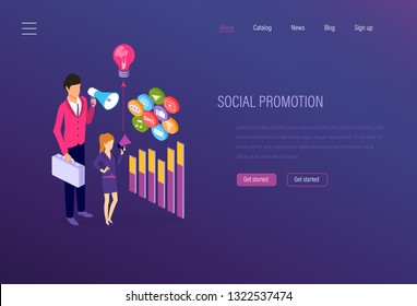 Social promotion, social media marketing, seo analytics, digital targeted advertising, business promotion on the Internet. Promo, customer acquisition, content marketing. Isometric vector.