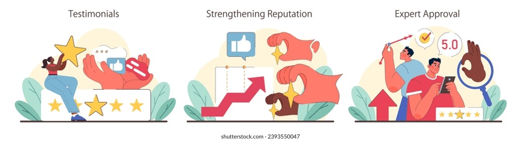 Concepto de prueba social. Testimonios de clientes, crecimiento de la reputación y validación de expertos como creadores de confianza. Captura de experiencias de usuarios y revisiones autorizadas. Ilustración vectorial plana.