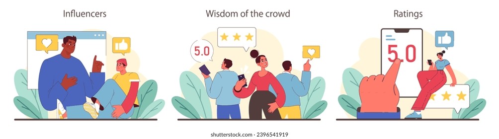 Social Proof concept. Digital influence and community ratings shaping public opinion. Authority figures, collective wisdom, and user ratings in decision-making. Flat vector illustration.