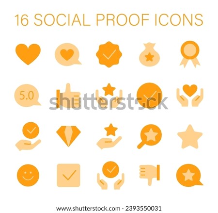 Social Proof concept icons set. Trust-building icons for credibility and reputation. Customer satisfaction, quality assurance, and positive feedback symbols. Flat vector illustration.