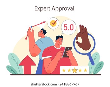 Social proof and expert Approval concept. Illustrating the impact of high ratings and expert validation on consumer perception. Analytical approach to credibility. Flat vector illustration.