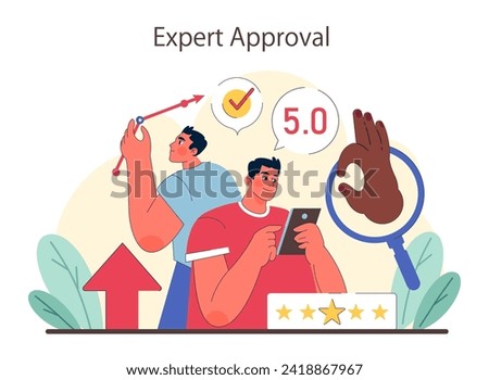 Social proof and expert Approval concept. Illustrating the impact of high ratings and expert validation on consumer perception. Analytical approach to credibility. Flat vector illustration.
