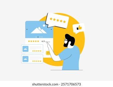 Social Proof Integration in Online Shopping. Leverage customer reviews, ratings and user-generated content to boost sales. Product page with reviews and social proof elements flat vector illustration