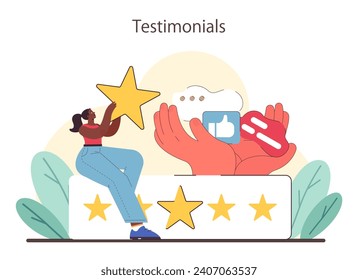 Social proof and reviews concept. Capturing customer experiences with star ratings and social media reactions. Consumer satisfaction visualized. Flat vector illustration.