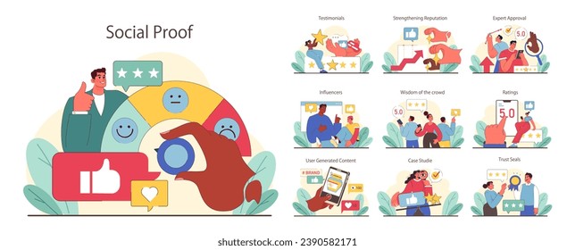 Conjunto de pruebas sociales. Influencia y credibilidad a través de testimonios, marketing influenciante y sellos de confianza. Enfoque del comportamiento de los consumidores. Ilustración vectorial plana.