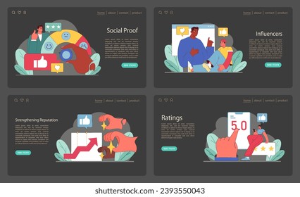 Demostración social. Influencia de la opinión pública y respaldo de expertos en la confianza de los consumidores. Se visualiza el juicio colectivo y los testimonios individuales. Ilustración vectorial plana.