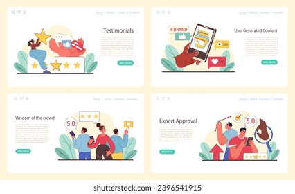Demostración social. Influencia de la opinión pública y respaldo de expertos en la confianza de los consumidores. Se visualiza el juicio colectivo y los testimonios individuales. Ilustración vectorial plana.